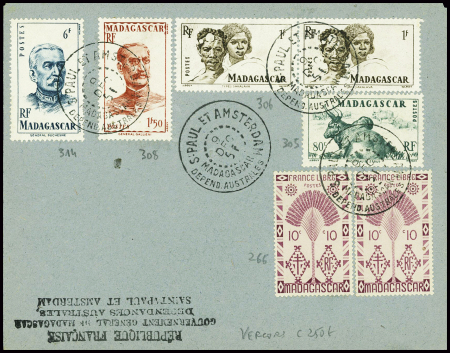 Madagascar n°266 en paire + 305 + 306 en paire + 314 obl CAD "S. Paul et Amsterdam Madagascar depend. Australes" (9 dec 51 - Vercors) sur env sans adr