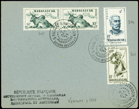 Madagascar n°302 + 305 en paire + 314 obl CAD "S. Paul et Amsterdam Madagascar depend. Australes" (9 dec 51 - Vercors) sur env sans adresse avec griff