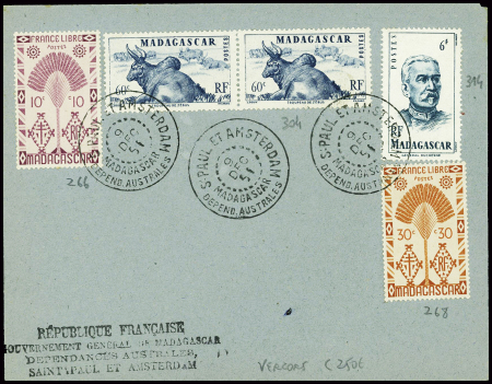 Madagascar n°266 + 268 + 304 en paire + 314 obl CAD "S. Paul et Amsterdam Madagascar depend. Australes" (9 dec 51 - Vercors) sur env sans adresse avec