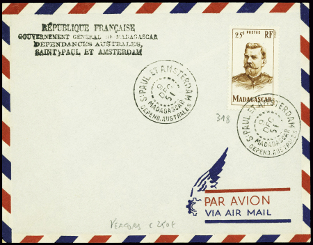 Madagascar n°318 obl CAD "S. Paul et Amsterdam Madagascar depend. Australes" (9 dec 51 - Vercors) sur env sans adresse avec griffe 4 lignes "Republiqu
