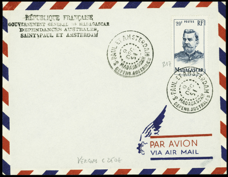 Madagascar n°317 obl CAD "S. Paul et Amsterdam Madagascar depend. Australes" (9 dec 51 - Vercors) sur env sans adresse avec griffe 4 lignes "Republiqu
