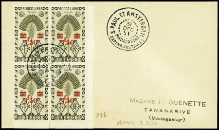 Madagascar n°286 en bloc de 4 obl CAD "; Paul et Amsterdam Madagascar depend. Australes" (31 dec 1951 - Vercors) sur lettre (courrier Guenette)