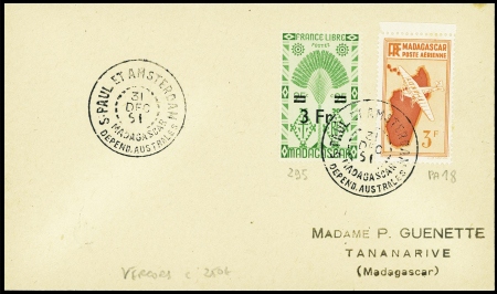 Madagascar n°295 + PA18 obl CAD "S. Paul et Amsterdam Madagascar depend. Australes" (31 dec 1951 - Vercors) sur lettre (courrier Guenette). TB