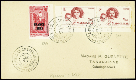 Madagascar n°244 + 311 en paire obl CAD "S. Paul et Amsterdam Madagascar depend. Australes" (31 dec 1951 - Vercors) sur lettre (courrier Guenette). TB