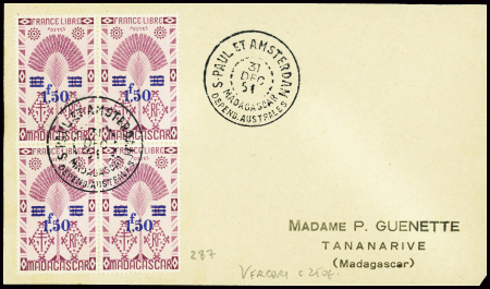 Madagascar n°287 en bloc de 4 obl CAD "S. Paul et Amsterdam Madagascar depend. Australes" (31 dec 1951 - Vercors) sur lettre (courrier Guenette). TB