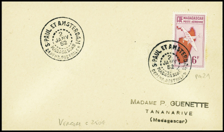 Madagascar PA n°21 obl CAD "S. Paul et Amsterdam Madagascar depend. Australes" (2 janv 52 - Vercors) sur lettre (courrier Guenette). TB