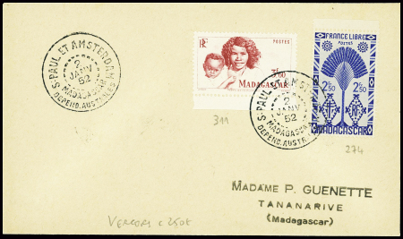 Madagascar n°274 + 311 obl CAD "S. Paul et Amsterdam Madagascar depend. Australes" (2 janv 52 - Vercors) sur lettre (courrier Guenette). TB