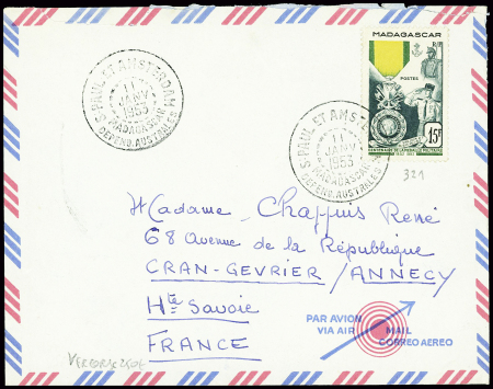 Madagascar n°321 obl CAD "S. Paul et Amsterdam Madagascar depend. Australes" ( 11 janv 53 - Vercors) sur lettre. TB