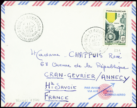 Madagascar n°321 obl CAD "S. Paul et Amsterdam Madagascar depend. Australes" (11 janv 53 - Vercors) sur lettre. TB