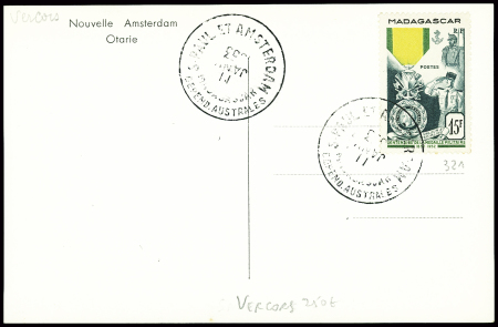 Madagascar n°321 obl CAD "S. Paul et Amsterdam Madagascar depend. Australes" (11 janv 53 - Vercors) sur CP photo sans adresse "Nouvelle Amsterdam Otar