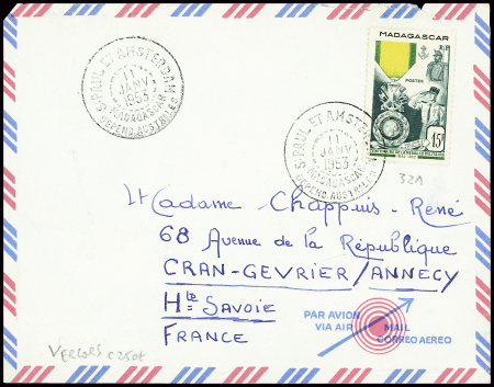 Madagascar n°321 obl CAD "S. Paul et Amsterdam Madagascar depend. Australes" (11 janv 53 - Vercors) sur lettre. TB