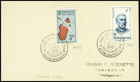 Madagascar n°314 + PA n°19 obl CAD "S. Paul et Amsterdam Madagascar depend. Australes" (11 janv 52 - Vercors) sur lettre (courrier Guenette). TB