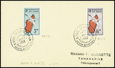 Madagascar PA n°19 + PA n°22 obl CAD "S. Paul et Amsterdam Madagascar depend. Australes" (11 janv 52 - Vercors) sur lettre (courrier Guenette). TB