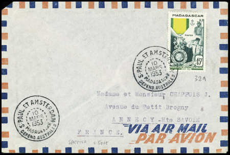 Madagascar n°321 obl CAD "S. Paul et Amsterdam Madagascar depend. Australes" (10 mars 1953 - Sapmer) sur lettre pour Annecy avec au verso transit Tana