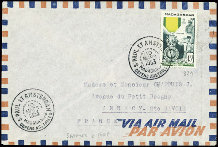 Madagascar n°321 obl CAD "S. Paul et Amsterdam Madagascar depend. Australes" (10 mars 1953 - Sapmer) avec transit Tananarive RP au verso. Rare et TB