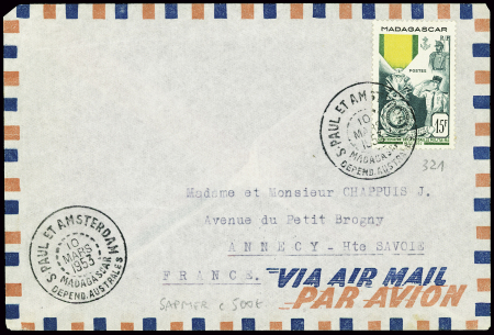 Madagascar n°321 obl CAD "S. Paul et Amsterdam Madagascar depend. Australes" (10 mars 1953 - Sapmer) avec transit Tananarive RP au verso. Rare et TB