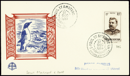Madagascar n°321 obl CAD "S. Paul et Amsterdam Madagascar depend. Australes" (31 dec 1953 - Saint Marcouf)  sur env Cubbels avec illustration bleu et 