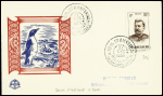 Madagascar n°316 obl CAD "S. Paul et Amsterdam Madagascar depend. Australes" (31 dec 1953 - Saint Marcouf)  sur env Pierre Cubbels avec illustration b