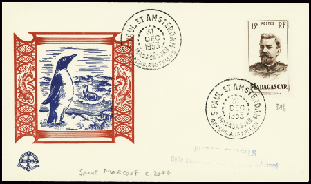 Madagascar n°316 obl CAD "S. Paul et Amsterdam Madagascar depend. Australes" (31 dec 1953 - Saint Marcouf)  sur env Pierre Cubbels avec illustration b