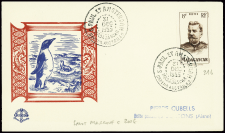 Madagascar n°316 obl CAD "S. Paul et Amsterdam Madagascar depend. Australes" (31 dec 1953 - Saint Marcouf)  sur env Pierre Cubbels avec illustration b