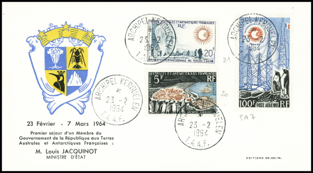 TAAF n°20 + 21 + PA7 obl CAD "Archipel Kerguelen TAAF (23.2.1964) sur env illustré Jacquinot. TB