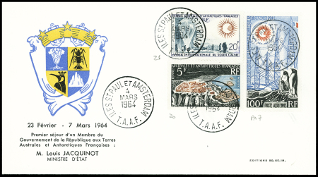TAAF n°20 + 21 + PA7 obl CAD "Iles St Paul et Amsterdam TAAF" (4 mars 1964) sur env illustrée Jacquinot. Rare et TB