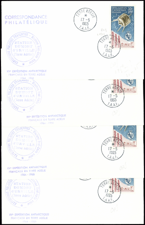 TAAF PA n°9 30F UIT (cote 150€) obl Terre Adélie (17.5.1965 - 1er jour) sur 4 env avec cachet station Dumont d'Urville et griffe  XVe expédition. TB