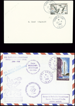 3 plis : TAAF n°13 obl Terre Adélie (23.4.1964) sur lettre locale (invcitation), TAAF PA13 obl Terre Adélie (1.1.1968) sur lettre 1er tir de fusées sc