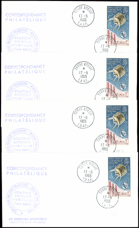 6 lettres AFF TAAF PA n°9, 30F UIT obl Terre Adélie 17.5.1965 1er jour (4), Terre Adélie (29.12.1965) et 1er jour St Paul et Amsterdam (17.5.65) sur e