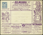 Env annonces 15c Sage avec figurine à gauche et annonces en violet dont Vermouth Belmondo (Sag J 78c). Neuve. TB