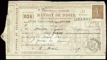 Mandat de poste timbre semeuse lignée brun obl CAD "Art. d'argent Lyon Terreaux" (1909) (Sel G2). TB