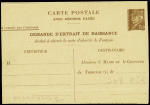 CP avec réponse payée 1F20 + 1F20 Pétain sur carton chamois demande d'extrait de naissance (Pet D10b) neuve. Pli sinon TB