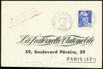 Env lettre 15F Gandon bleu TSC La Fraternelle Automobile avec lettres de fantaisie obl Rilly la Montagne Marne (1955) (Gan N 3a). TB