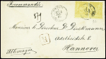 N°92 en paire obl CAD "Bordeaux les Chartrons" (1885) sur lettre recommandée pour Hanovre. TB
