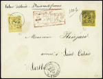 N°92 + 93 obl CAD "Paris R. d'Enghien" (1880) sur lettre chargée (VD 200F). TB
