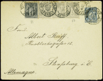 N°83 + 87, bande de 3 obl Montpellier (1888) sur env entier postal 15c Sage pour Strasbourg (alors allemande). TB