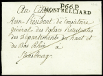 MP noire "P 66 P Montbelliard" (1803) sur lettre avec signatures des maires de Vieux Charmont et Sochaux - ind 22. TB