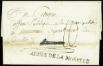 Lettre (nom du destinataire rayé) avec MP "Armée de la Moselle" (près Charleroi 1794), ind 17. TB
