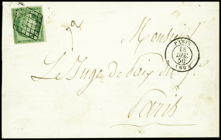 N°2 15c vert obl grille + T15 "Paris (60)" (18 dec 50) sur lettre de Paris pour Paris. TB