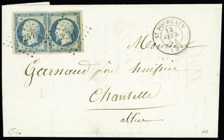 N°15 25c bleu, 2 pièces obl PC 3254 + T15 "St Pourçain (3)" (1854) sur lettre. TB