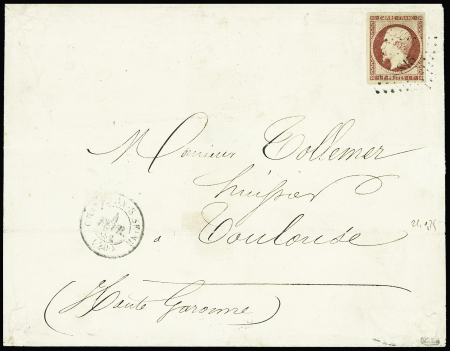 N°18 1F carmin obl PC 815 + T15 "Chatillon-s-Seine (20)" (1854) sur lettre pour Toulouse. TB