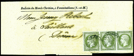 N°11 1c olive, bande de trois, touché en un point,