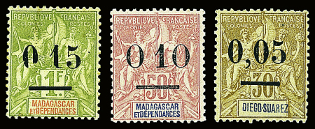 N°55b (tirage 50 ex.) + n°58b (variétés surcharges sans virgule) + n°59, neufs *, TB, R