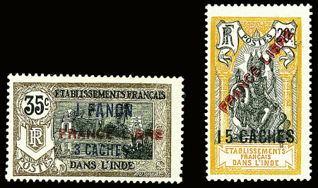 N°128 15ca. sur 20c. rouge-orange et noir + n°130 1fa.
