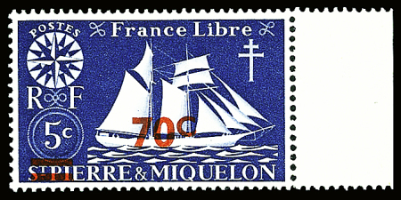N°316b 70 c. sur 5 f bleu-gris (R), variété surcharge