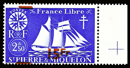N°322a 15 Fr sur 2 f 50 outremer (R), variété surcharge