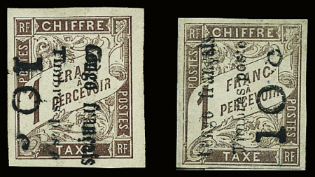 N°11 10c. sur 1 f marron + n°11a (variété surcharge