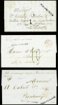 7 Lettres avec marque postale noire "Guyane française" (Jamet n°1A) dont 3 CAD d'entrée rouge "Outre-mer Nantes" (1849) "Outre-mer Marseille" (1845) e