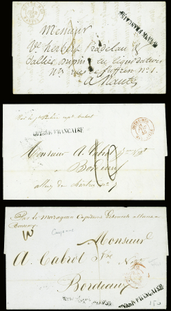 7 Lettres avec marque postale noire "Guyane française" (Jamet n°1A) dont 3 CAD d'entrée rouge "Outre-mer Nantes" (1849) "Outre-mer Marseille" (1845) e