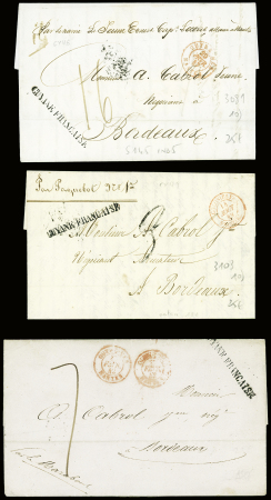 4 letttres pour Bordeaux avec MP "Guyane française" (Jamet n°1A) dont 3 CAD d'entrée rouges "Outre-mre Nantes" (1847), Outre-mer Pauillac (1849) et "O